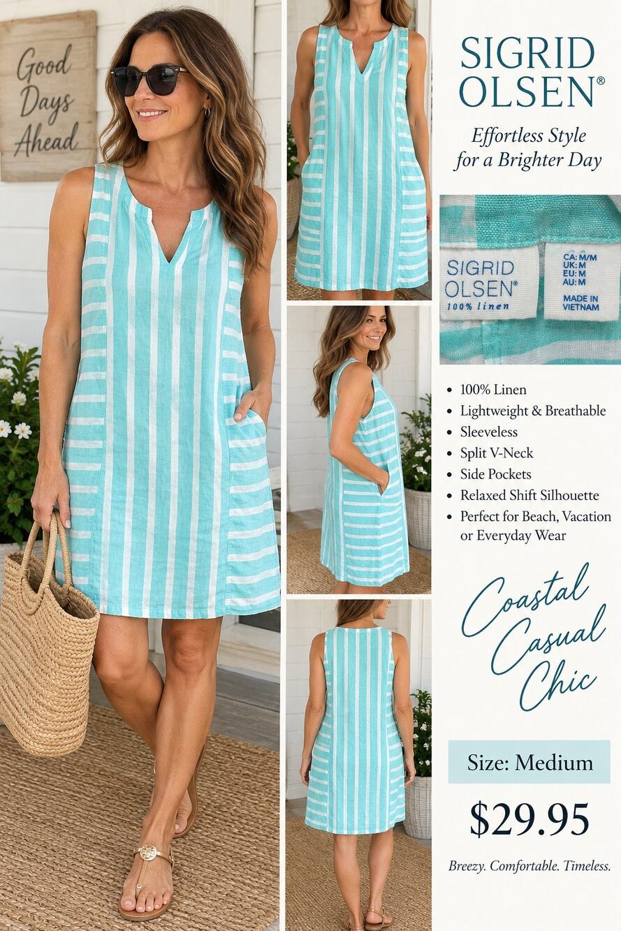 Sigrid Olsen 100% Linen Aqua White Stripe Shift Dress Size M Coastal